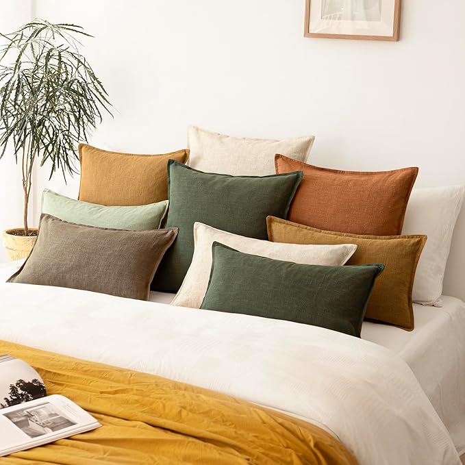 Foindtower Pack of 2, Decorative Linen Solid Throw Pillow Covers Soft Accent Cushion Case Farmhouse Neutral Pillowcase for Chair Couch Sofa Bedroom Living Room Home Decor 24 x 24 Inch Dark Olive Green