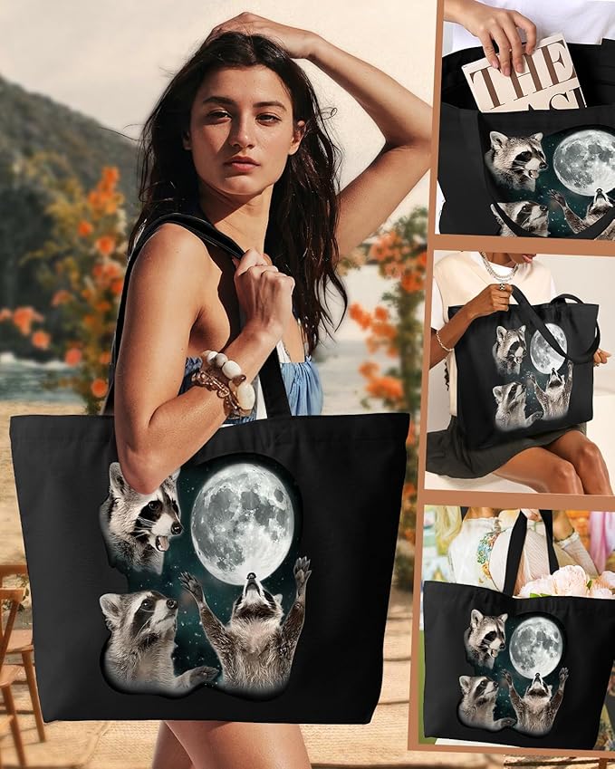 Large Tote Bag for Women - Canvas Tote Bag with Zipper Aesthetic Reusable Shoulder Bag for Gym, Travel, Work