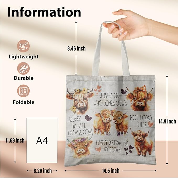 Western Highland Cow Canvas Tote Bag - Highland Cow Lover Gifts,Canvas Shoulder Bag for Women for Girls