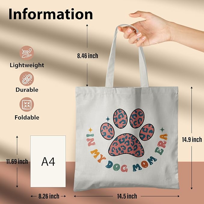 Dog Mom Canvas Tote Bags - Reusable Grocery Bags for Shopping, Funny Dog Lover Gifts for Women