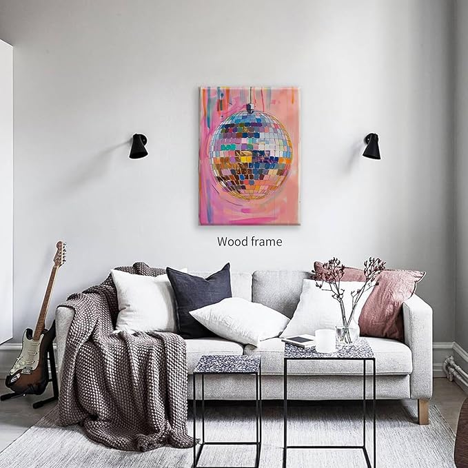 Retro Pink Disco Ball Posters Cool Y2k Aesthetic Canvas Wall Art 24x36 inch Framed Fashion Pink and Orange Disco Ball Painting Prints for Girly Wall Decor