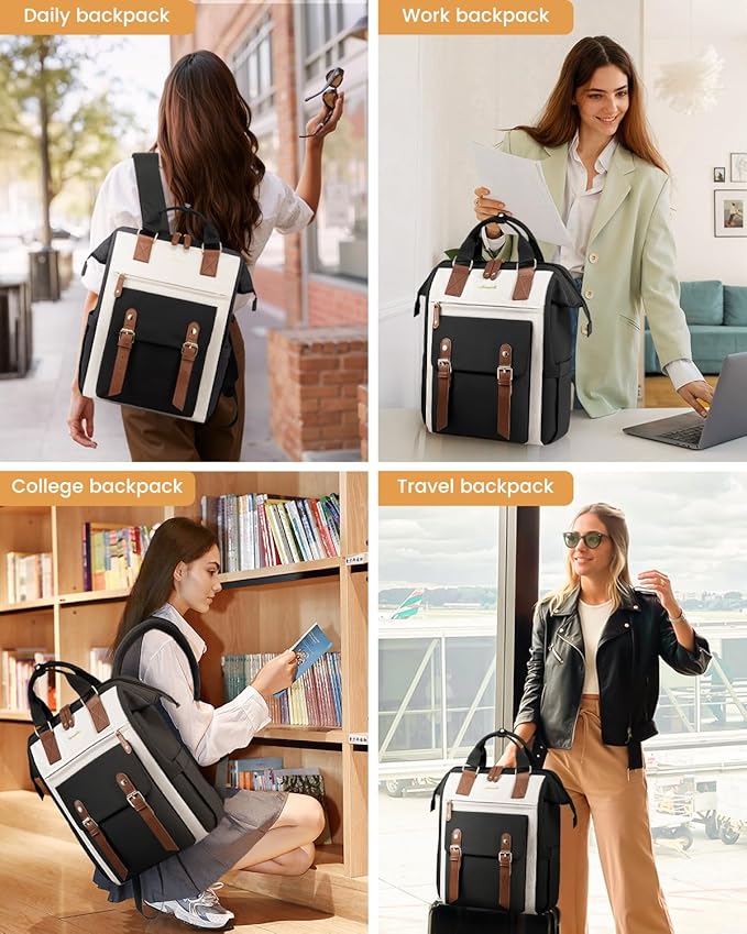 LOVEVOOK Laptop Backpack for Women, Teacher Bag Work Backpack Purse Laptop Computer Back Pack, Business Travel Backpack, Nursing College School Bookbag, 15.6 Inch, Black-Beige-Brown