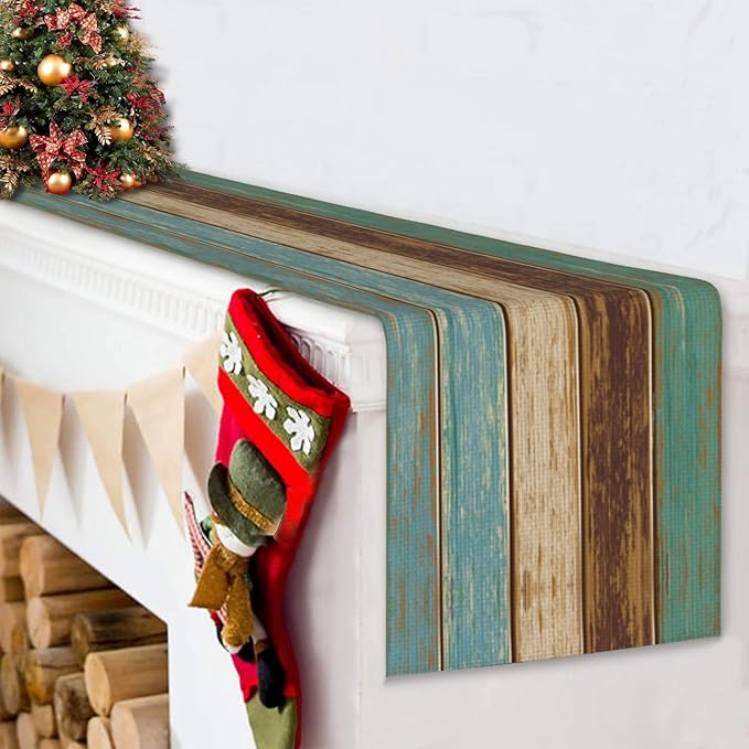 Wood Print Table Runner Seasonal Kitchen Dining Linen Table Decoration for Indoor Outdoor Home Party Dinner 13x72 Inch