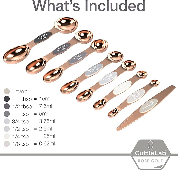 Magnetic Measuring Spoons Set - Stainless Steel, Double Ended, Stackable & Nested Design for Dry and Liquid Ingredients, Ideal for Spice Jars, 8-Piece Set with Leveler (Rose Gold)