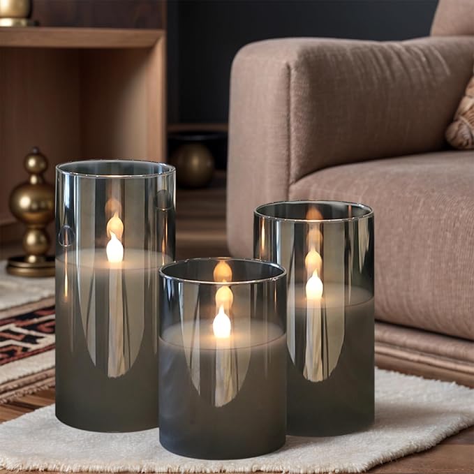 GenSwin Rechargeable Candles with Remote Timer, 3 Pack Glass Flameless Candles with Charging Base, Black LED Candles Flickering Battery Operated for Halloween Home Decorations(Set of 3, D3” x H4”5”6”)