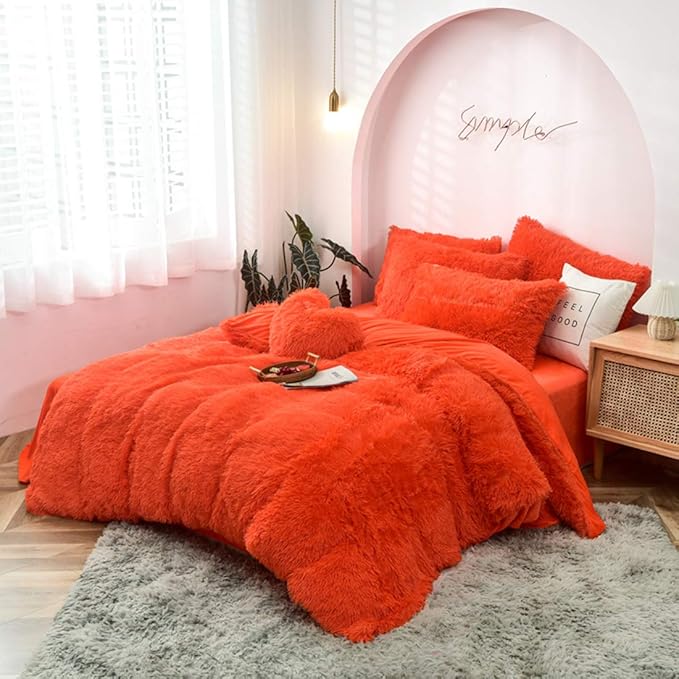 MorroMorn 5 PCS Shaggy Duvet Cover Bedding Set - Fluffy Comforter Cover Long Faux Fur Luxury Ultra Soft Cozy (Orange, Full/Queen)