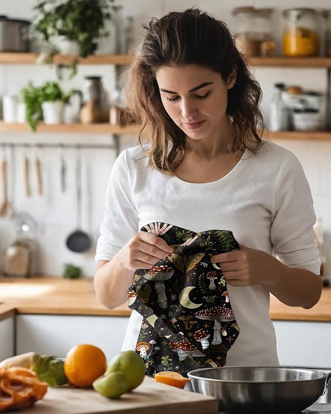 Microfiber Kitchen Towels - Set of 2 Dish Towels for Kitchen 18 x 26 Inch Home Decoration Black Mushroom Cute Spring Hand Towels Soft & Absorbent Aesthetic Design