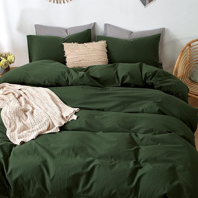 MooMee Bedding Duvet Cover Set 100% Washed Cotton Linen Like Textured Breathable Durable Soft Comfy (Solid Forest Green, Super Queen 90"x98")