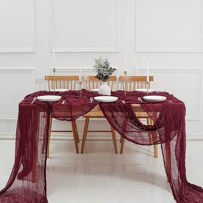DOLOPL Christmas Table Runner, Burgundy Cheesecloth Table Runner for Christmas Decorations 10ft Cheese Cloth Table Runner Gauze Runner 120inch Long for Christmas Wedding Bridal Baby Shower Birthday