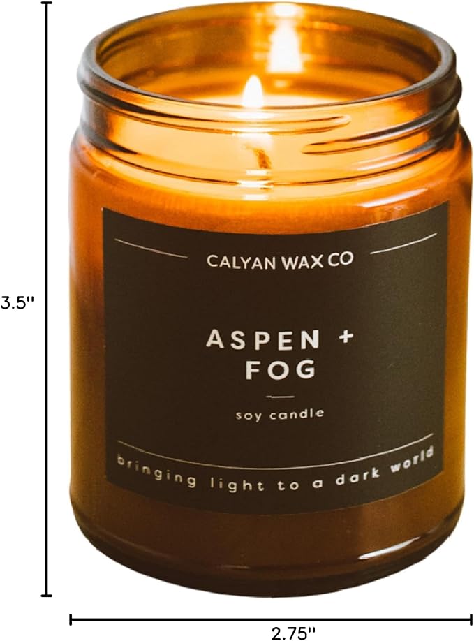 Calyan Wax Co. Soy Wax Candle, Aspen + Fog Scented Candle, 57 Hour Burn Time, Aromatherapy Soy Candles, Non Toxic & Vegan Soy Wax, Amber Glass Jar Scented Candles, 7.2oz