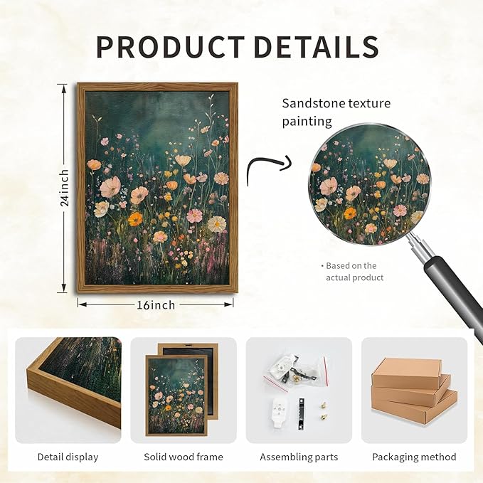 Framed 3D Textured Vintage Wildflower Wall Art, Green Flower Wall Decor Painting, Hand Drawn Sandstone Farmhouse Botanical Landscape Pictures Artwork for Living Room Bedroom 16x24 inch Wood Frame