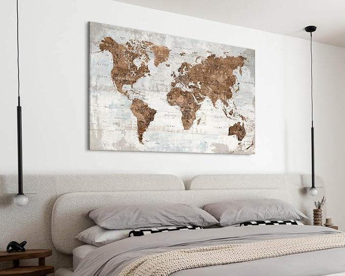 Large Wall Art Vintage Brown World Map Canvas Pictures for Men Home Office Bedroom Wall Decor for Living Room Oversize Artwork