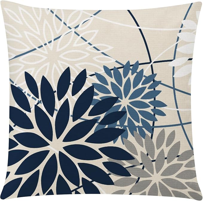 Blue White Pillow Covers 16x16 Set of 6, Daisy Dahlia Throw Pillow Cover, Beige Pillowcase, Modern Couch Pillow Cover for Sofa Living Room Farmhouse Home Decor