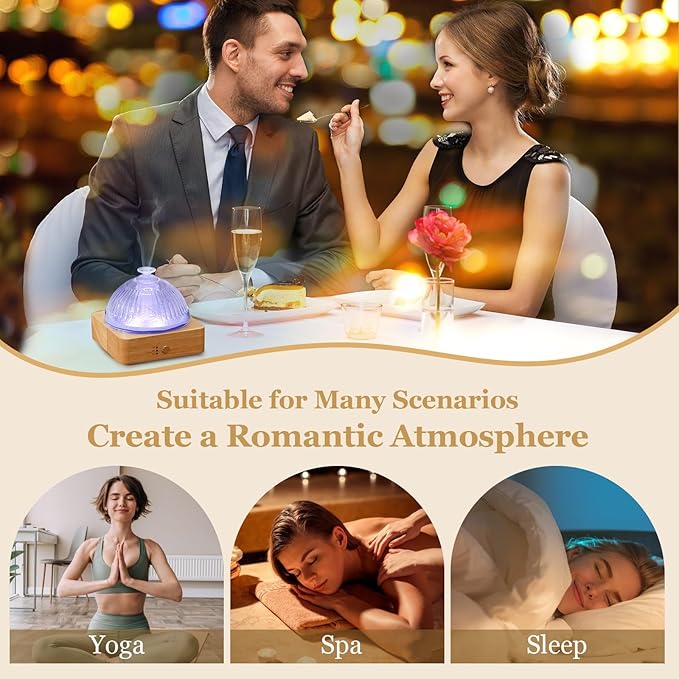 Glass Essential Oil Diffuser with Glass Reservoir & Wood Base, 200ml Ultrasonic Lock Color Timer Auto-Off 7 Color Light Aroma Glass Dome Diffuser for Home Office Bedroom Yoga