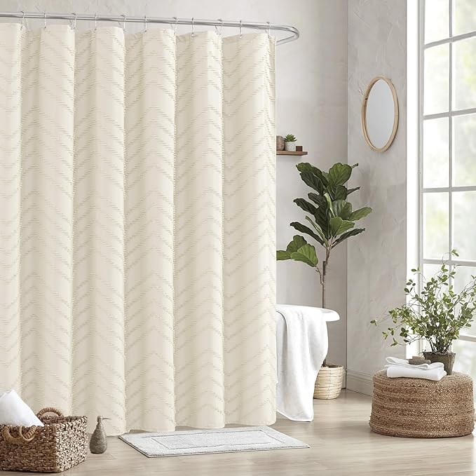 Extra Long Cream Shower Curtain 72 x 84 Boho Farmhouse Shower Curtain Tufted Chevron Textured Striped Minimalist Shower Curtains