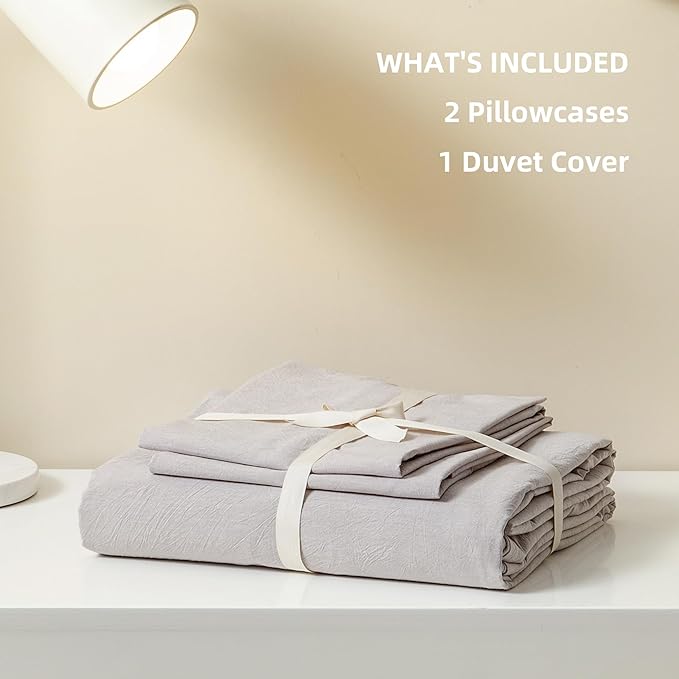 JIYUAN 100% Washed Cotton Duvet Cover Set 3 Pieces Queen, 1 Duvet Cover 90x90 Inches(Comforter Not Included) and 2 Pillowcases,Linen Feel Bedding Set Comfy and Breathable, Heathered Linen