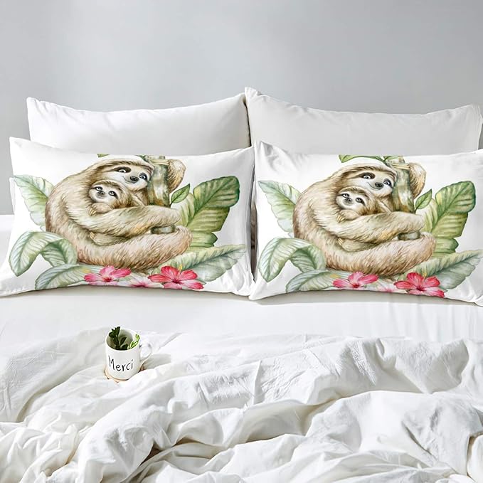 Feelyou Sloths Tropical Leaves Comforter Cover Set Sloth Mother and Baby Bedding Set for Kids Boys Girls Cute Animal Duvet Cover Lovely Bedspread Cover Bedroom Collection 3Pcs King Size