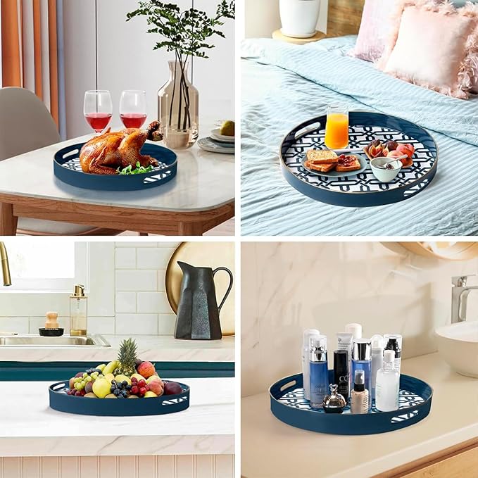 Blue Round Serving Tray with Handles,13" Decorative Ottoman Coffee Table for Perfume,Living Room,Home Decor