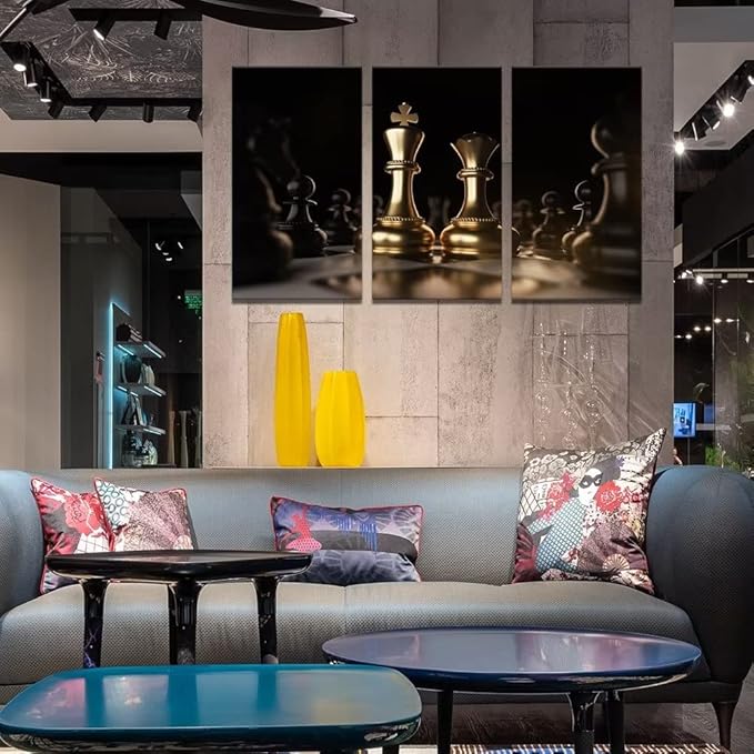 Chess Wall Art Black and Gold Canvas Wall Decor King and Queen Paintings for Living Room Office 3 Pieces Pictures Prints Poster Artworks Framed Ready to Hang(14x 28inch/3 PCS)