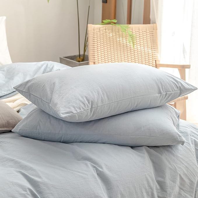 BESTOUCH Duvet Cover Set 100% Washed Cotton Linen Feel Super Soft Comfortable Chic Lightweight 3 PCs Home Bedding Set Solid Cornflower Blue Super King