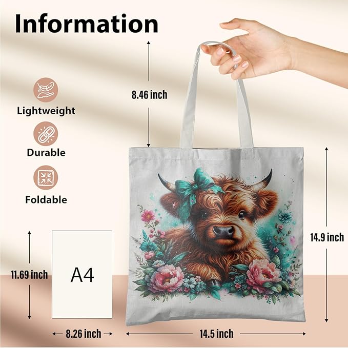 Western Highland Cow Canvas Tote Bag - Highland Cow Lover Gifts,Canvas Shoulder Bag for Women for Girls