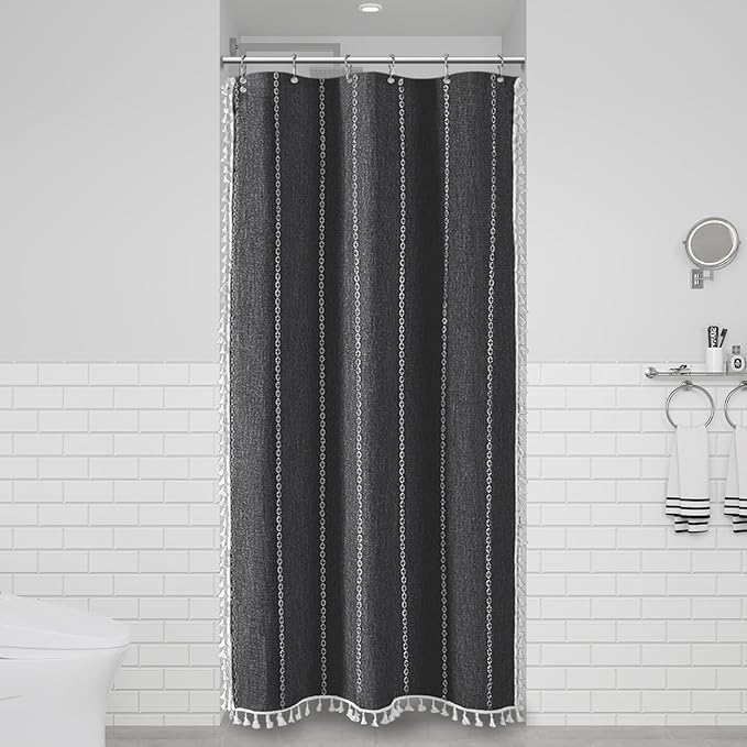 BTTN Boho Shower Stall Curtain - 36x72 Narrow Linen Thick Striped Tassel Fabric Shower Curtain Set with 6 Hooks, Modern Farmhouse Cottage Decorative Cloth Shower Curtains for Bathroom - Charcoal Grey