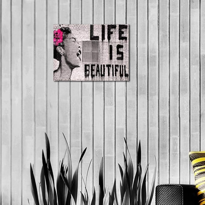 Wieco Art Banksy Life is Beautiful Modern Gallery Wrapped Giclee Canvas Prints Artwork Grey Love Abstract Pictures Paintings on Canvas Wall Art Ready to Hang for Bedroom Home Office Decorations