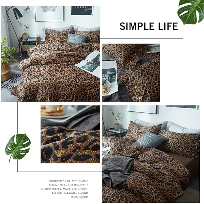 mixinni Leopard Print Duvet Cover King Size Long Staple Cotton Bedding Set with Zipper Closure Ties, Perfect for Man and Woman, Ultra Soft and Easy Care (3pcs, King Size)