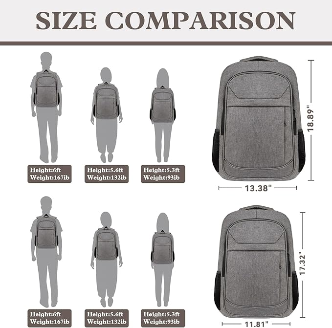 Travel Backpack, Large Travel Backpack, 17 Inch Laptop Bag, Water Resistant Durble Slim Casual Daypack College School Computer Bag Gift for Men & Women Fits 17.3 Inch Notebook, Grey