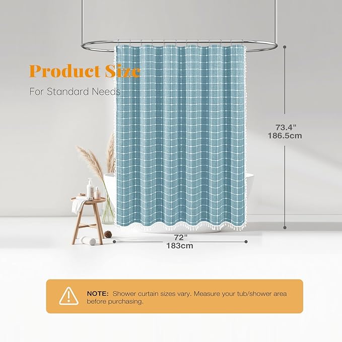 BTTN Boho Farmhouse Shower Curtain - Linen Rustic Heavy Duty Fabric Shower Curtain Set with Tassel, Water Repellent, Bohemian Vintage Country Cloth Shower Curtains for Bathroom, Teal/Turquoise, 72x72