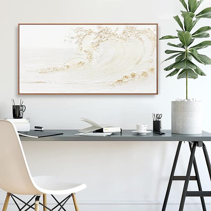 Framed Wall Art Wall Decor Nature Decor Canvas Hand Painted White Wave With Golden Embellishments Artwork Painting Picture For Living Room Bedroom Living Room And Office Wall Decor 24x48 Inch