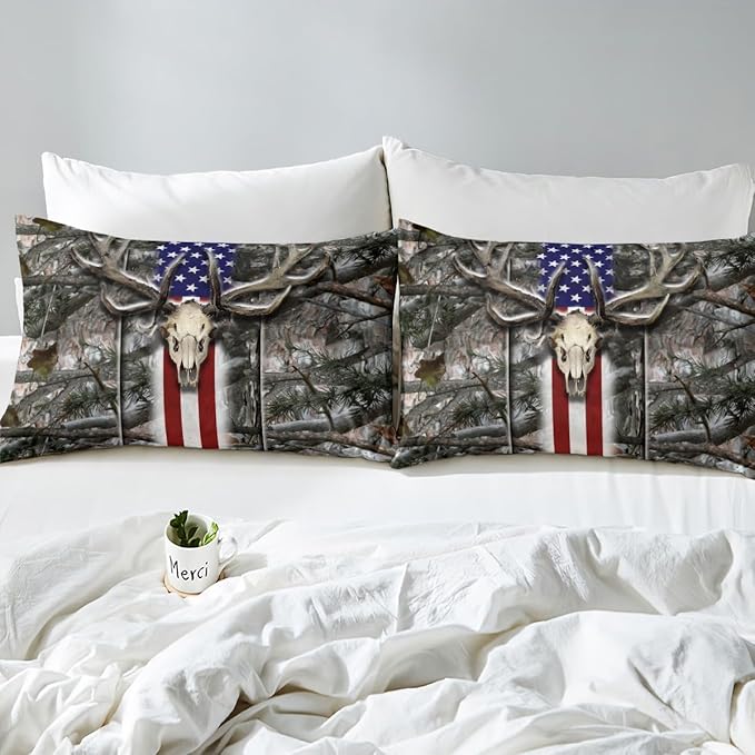 Castle Fairy American Flag Duvet Cover Twin Size, Deer Antlers Bedding Set, Branches Print Comforter Cover with 1 Pillowcase, Boys Girls Soft Microfiber Fashion Xmas Gift Quilt Cover