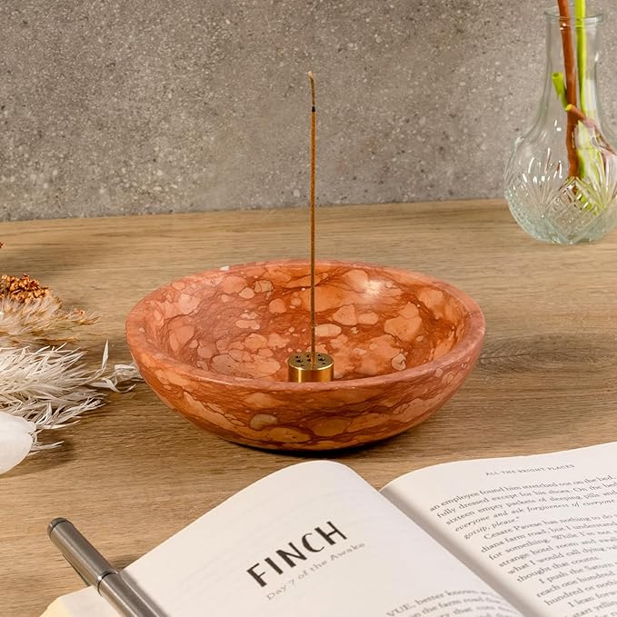 Koville Natural Marble Incense Holder, Incense Holder for Sticks with 9 Holes, Handmade Incense Burner Ash Catcher for Meditation Yoga SPA, Balsam Fir/Palo Santo/Sage/Cone (Red)