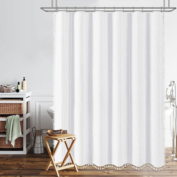 BTTN Boho Long Shower Curtain, 72x78 Inch Long Linen Ultra Thick Fabric Shower Curtain Set with Plastic Hooks, Tall Modern Farmhouse Country Neutral Textured Cloth Shower Curtains for Bathroom, White
