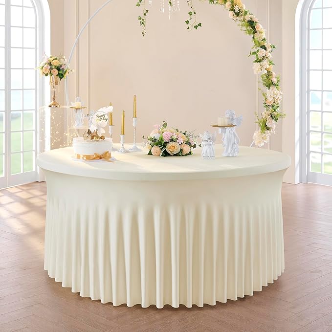 Outpain 12 Pack 72inch Ivory Spandex Round Tablecloths, Stretchy 132inch Fitted 6FT Round Table Cloths, Wrinkle Free Table Cover with Skirt for Wedding Party Dining Banquet