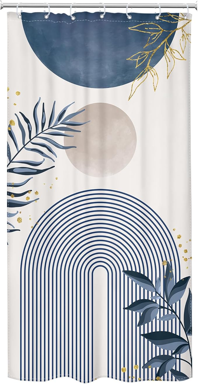 Small Stall Boho Shower Curtain 36Wx72H RV Blue Modern Mid Century Abstract Leaves Plant Minimalist Geometric Bathroom Decor Half Narrow Standing Bath Curtain Fabric Polyester 7 Pack Hook