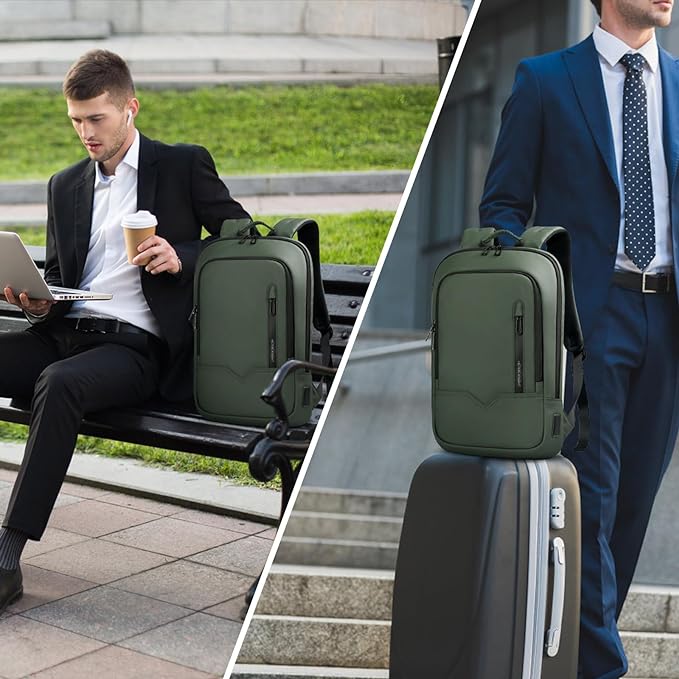 hk Backpack for Men Business Slim Backpack with USB Charger Computer Lightweight Anti-theft Travel (Green, 15.6 Inch)