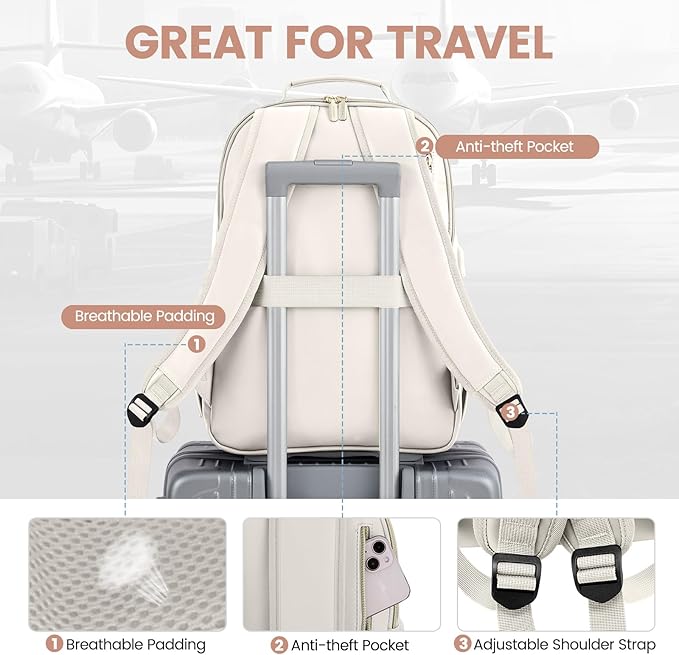 LOVEVOOK Leather Backpacks for Women,17.3 inch Leather Laptop Backpack Women Computer Backpack Laptop Bag,Stylish Quilted Travel Backpack Purse Work College Teacher Backpacks with USB Port,Off-white