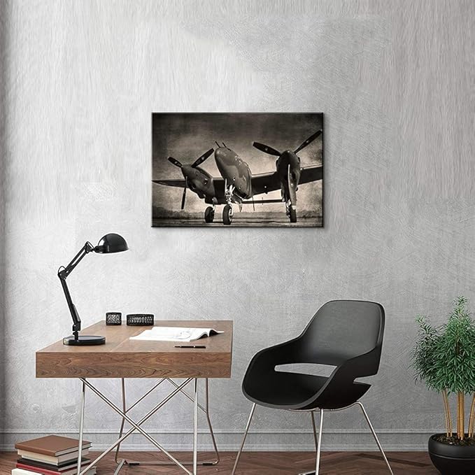 Mistyefly Aviation Decor Lockheed P-38 Lightning Airplane Propeller Wall Decor Military Poster Black and White Aviation Wall Art Air Force Poster Plane Wall Art for Boys Room Decor (12''Hx18''W)