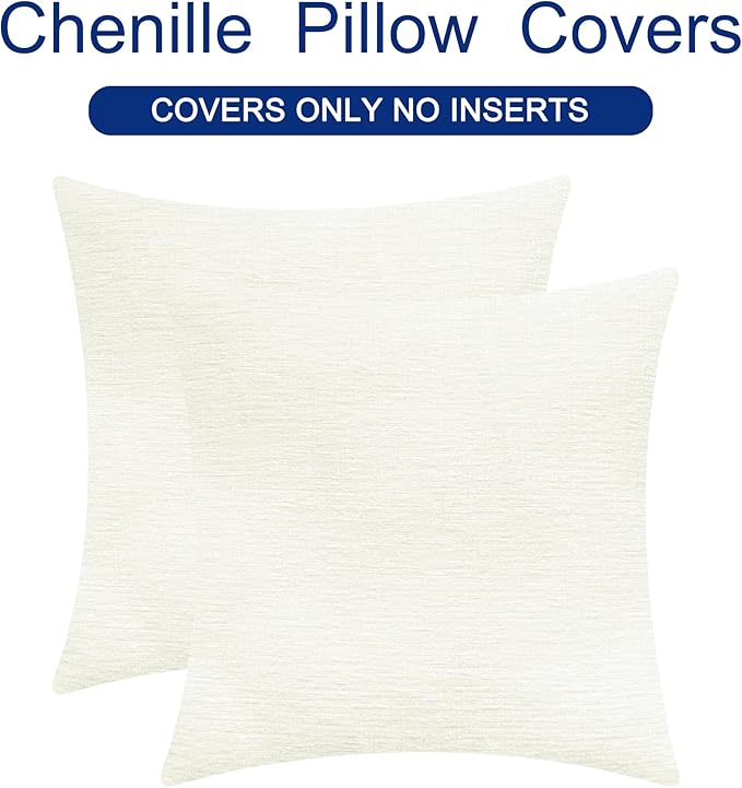 CaliTime Throw Pillow Covers Decorative 24 X 24 Inches Pack of 2 Cozy Chenille Cushion Cases for Couch Sofa Bed Living Room Home Cream