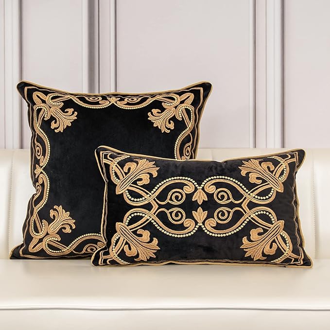 Aeckself European Floral Pillow Cover 16x16 Inch, Luxury Velvet Embroidered Decorative Throw Pillow Cover for Couch Bedroom Living Room, Black and Gold
