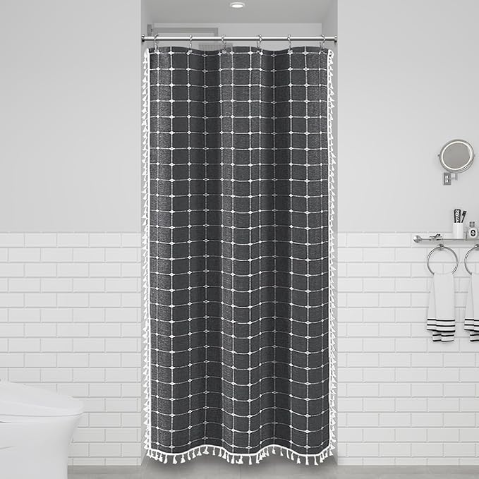 BTTN Boho Shower Stall Curtain - 36x72 Narrow Linen Ultra Thick Tassel Fabric Shower Curtain Set with 6 Plastic Hook, Half Camper RV Modern Farmhouse Country Shower Curtain for Bathroom, Charcoal Grey