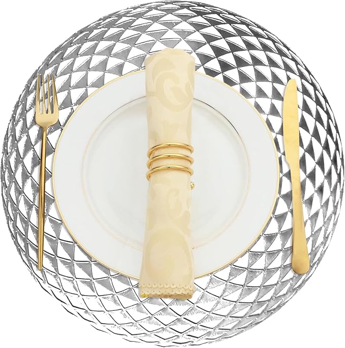 Vinyl Round Placemats Set of 4 - Non Slip Place Mats Ideal for Indoor and Outdoor Dining Table - Washable and Heat Resistant Table Mat for Kitchen Tables (Hunter Silver)