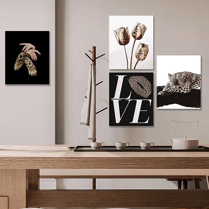 Kousne 4PCS Black and Gold Leopard Rose Print stockholm cheetah Poster Set Trendy Women’s Aesthetic Wall Art Canvas Prints Decor for Bedroom Living Room Office Beauty Salon Unframed 12x16 Inch