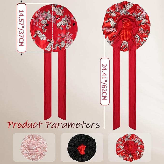 Silk Bonnet for Sleeping Women Satin Hair Cap with Tie Brand Curly Hair Sleep Protection Silk Head Wrap Double Layer - Red