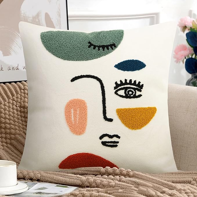 Merrycolor Soft Aesthetic Decorative Throw Pillow Covers 18x18 Modern Abstract Face Art Pillow Covers Colorful Embroidery Square Cushion Case Boho Cute Pillows for Bedroom Couch Sofa Living Room,1PC