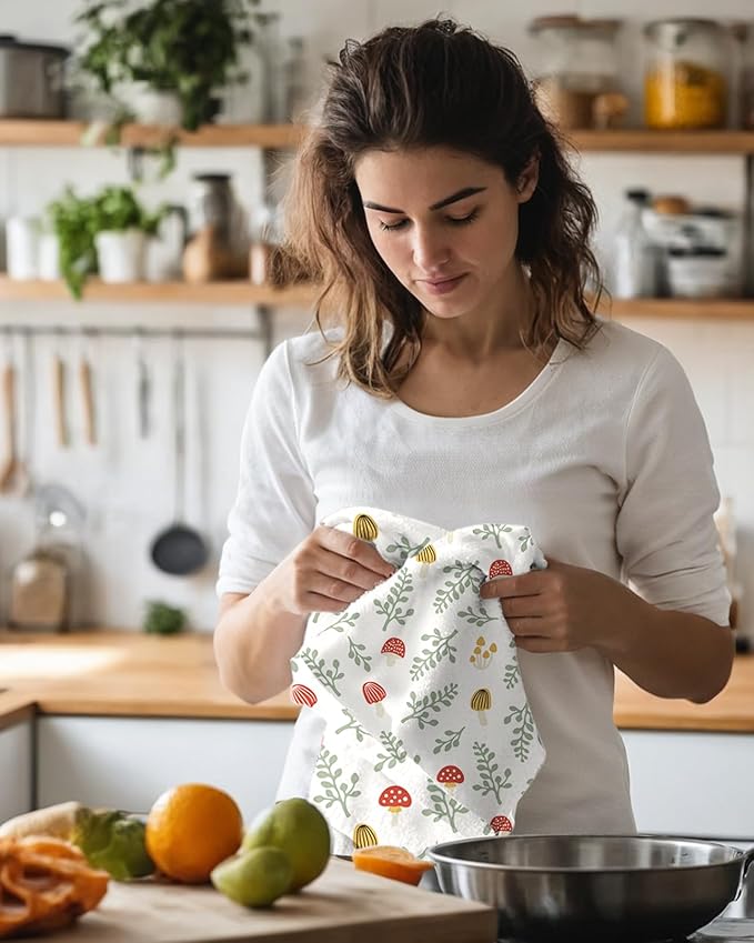Microfiber Kitchen Towels - Set of 2 Dish Towels for Kitchen 18 x 26 Inch Home Decoration Mushroom Leaf Cute Spring Hand Towels Soft & Absorbent Aesthetic Design