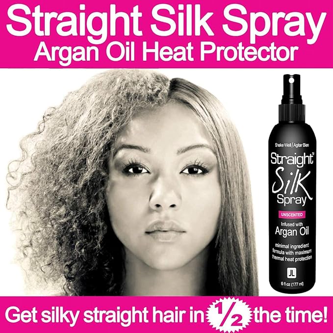 Straight Silk Spray with Moroccan Argan Oil | Hair Straightening Protector & Detangler | Alcohol-Free | Heat Protectant up to 450°F | Flat-Iron | Blow-Dry | Unscented | Hair Spray | MADE IN USA (6oz)
