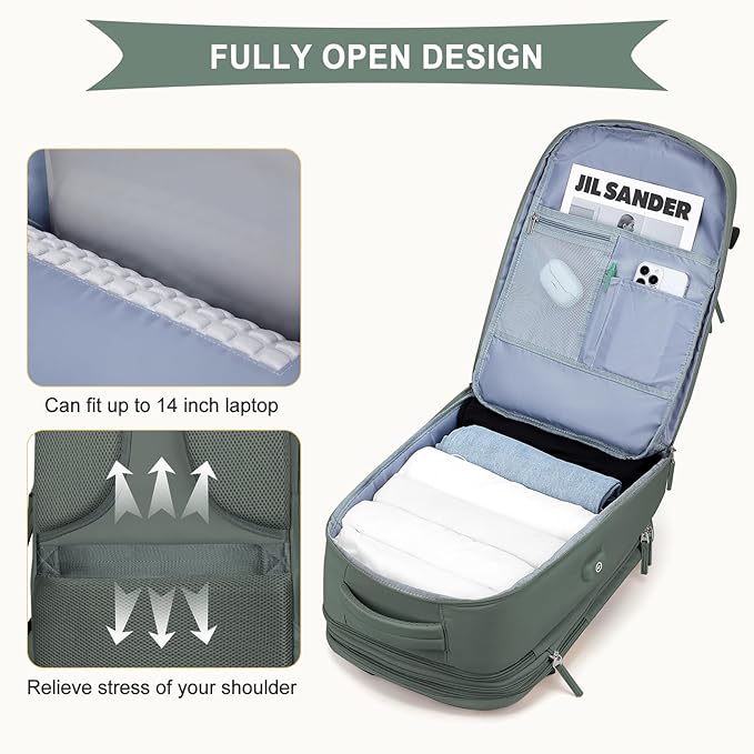 coowoz Large Travel Backpack For Women Men, Carry On Backpack,Hiking Backpack Waterproof Outdoor Sports Rucksack Casual Daypack Expandable Heavy Duty Extra large Backpack Olive Green