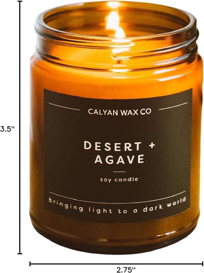 Calyan Wax Co. Soy Wax Candle, Desert + Agave Scented Candle, 57 Hour Burn Time, Aromatherapy Soy Candles, Non Toxic & Vegan Soy Wax, Amber Glass Jar Scented Candles, 7.2oz